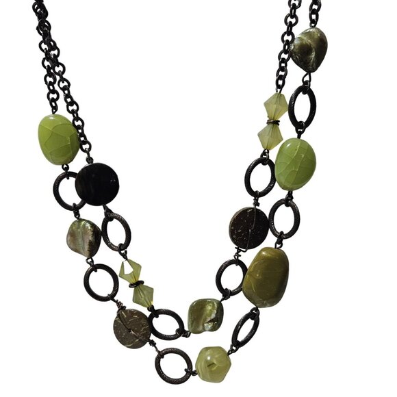 Vintage Green Multi Stone Metal Chain Link Statement Necklace Fashion Jewelry - Picture 1 of 7